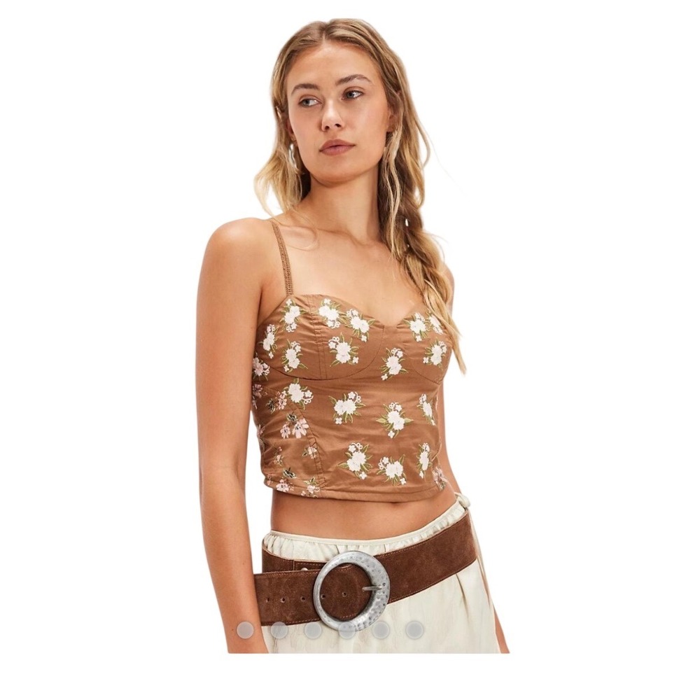 Free People Brown Floral Embroidered Corset Cami Top Boho Fairycore Size M NWT